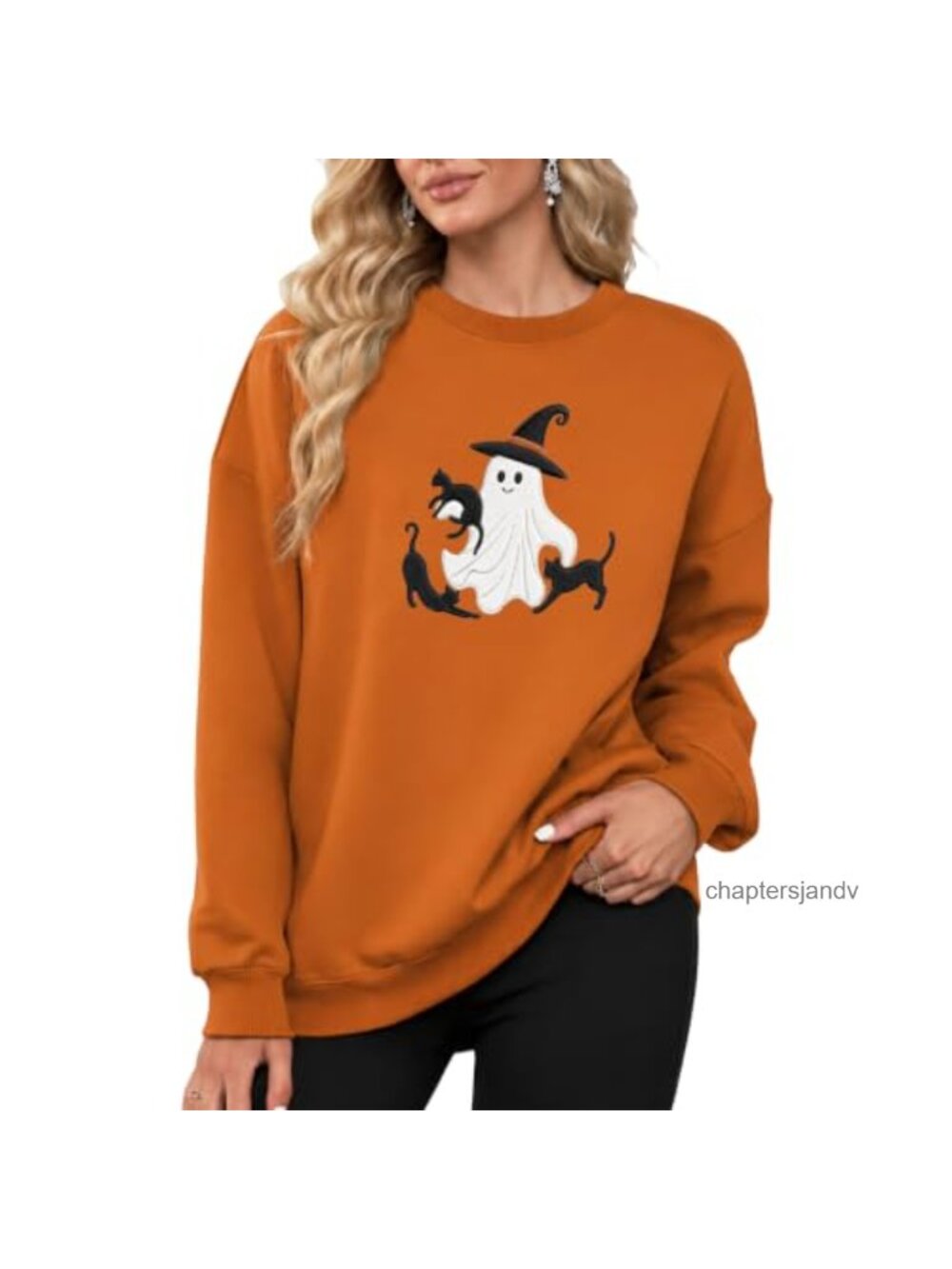 Ghost Cat Embroidered Halloween Sweatshirt Crewneck Pullover